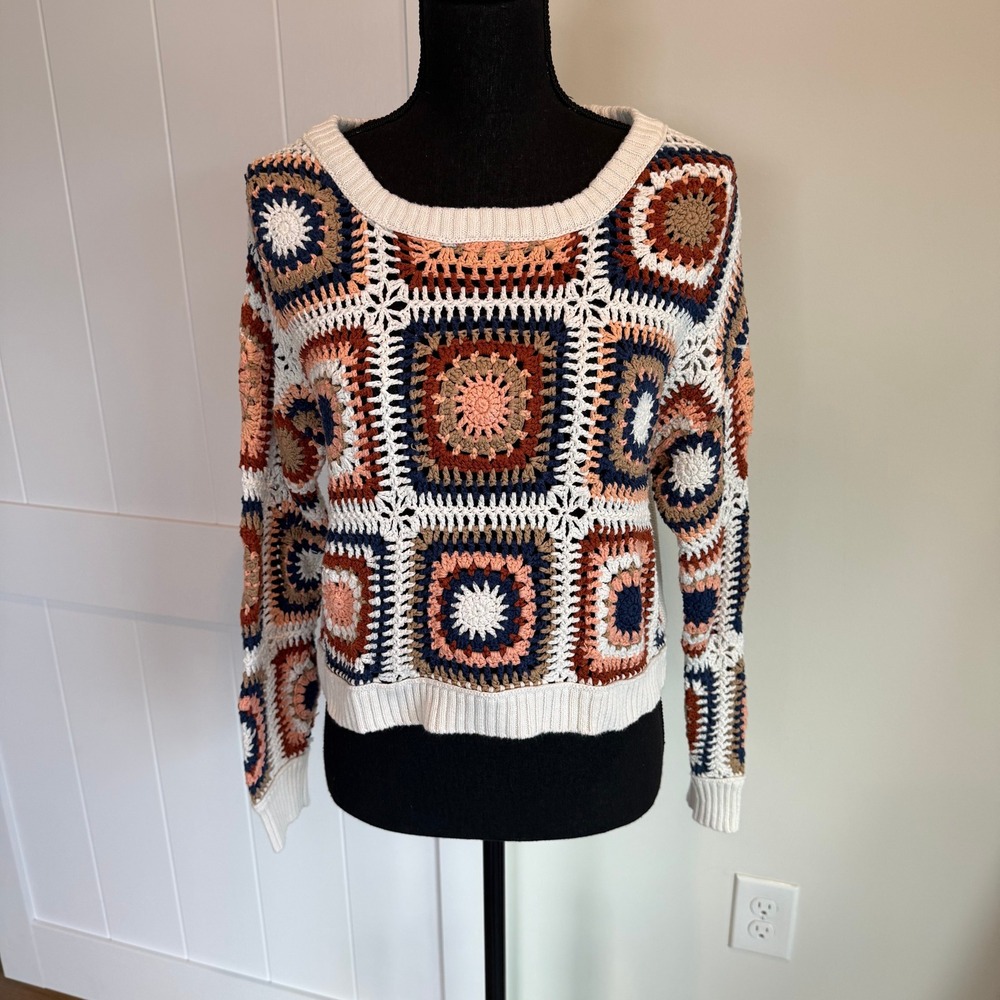 American Eagle Crochet Granny Square Sweater Small Multi-Color Cotton Knit